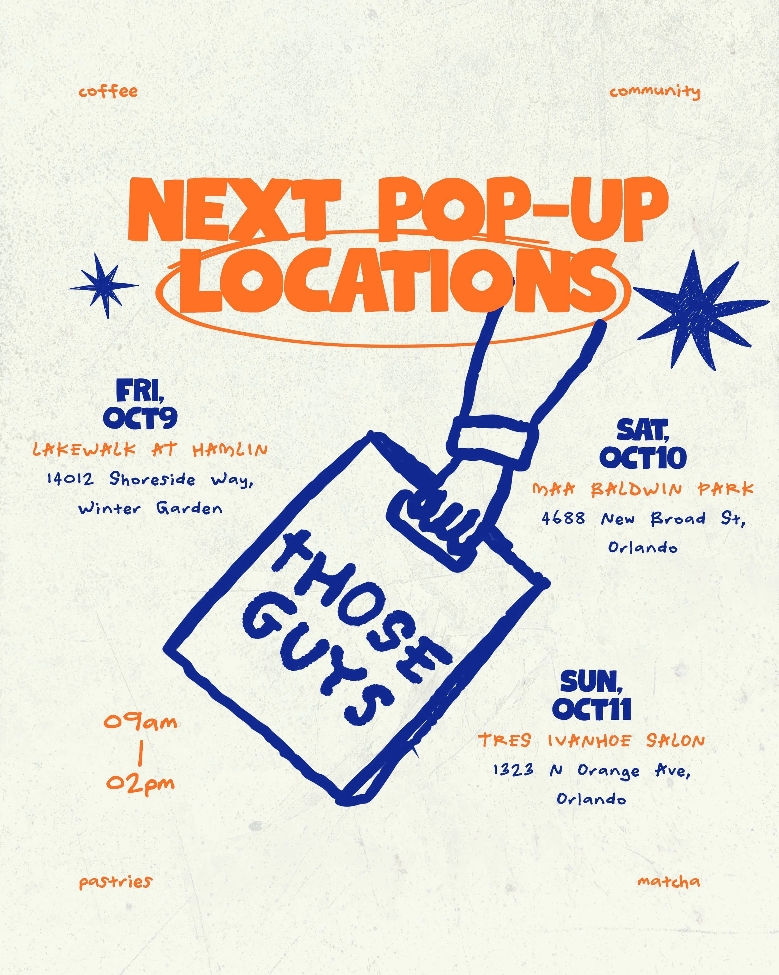 we miss you! so we got a full weekend this time! 🫰🏼

Fri, Oct 9th
&bull; @lakewalkathamlin
&bull; fall menu arrives to Hamlin 🤎

Sat, Oct 10th
&bull; MAA Baldwin Park
&bull; coziest neighborhood 🍁

Sun, Oct 11th
&bull; @tresivanhoesalon 
&bull; f