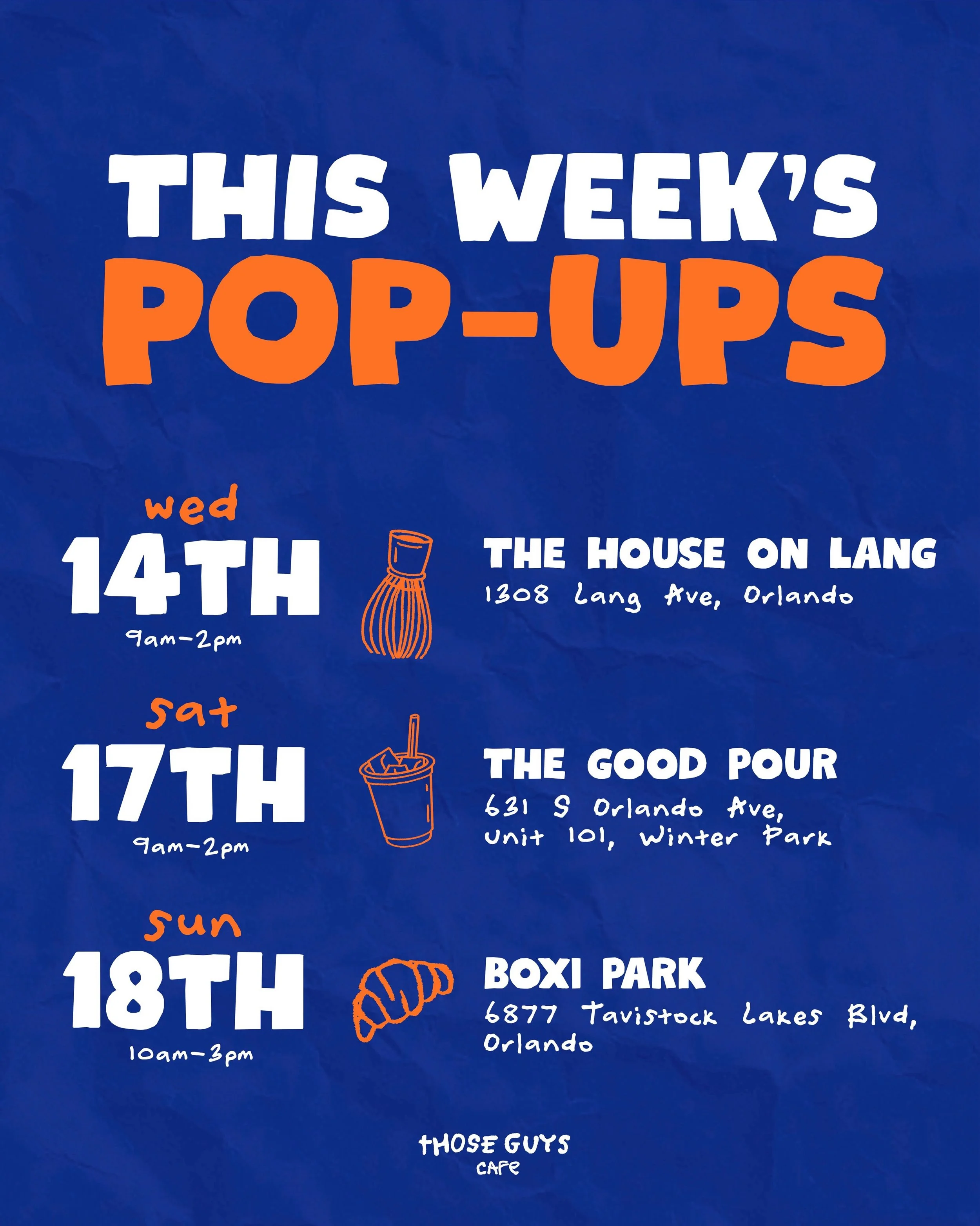 we <3 an orlando core week 💘

Wed, Oct 15th
&bull; @thehouseonlang / MILLS

Sat, Oct 17th
&bull; @goodpourgives / WINTER PARK

Sun, Oct 18th
&bull; @boxiparklakenona / LAKE NONA

.

#orlando #orlandocoffee #orlandolocal #coffeetrailer #coffeeshop
