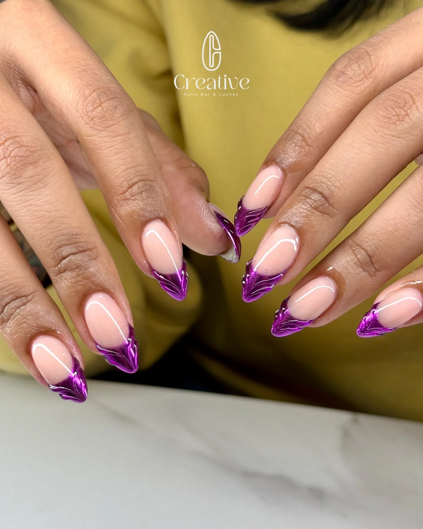 Purple chrome French 💜✨
nails by Lia

✨ Welcome Offer ✨
New here? Enjoy $10 OFF your first visit 💅 when you book services $50+!
(One-time use &bull; First-time customers only &bull; Cannot be combined with other offers 🫶) 
✨ Get pampered at your f
