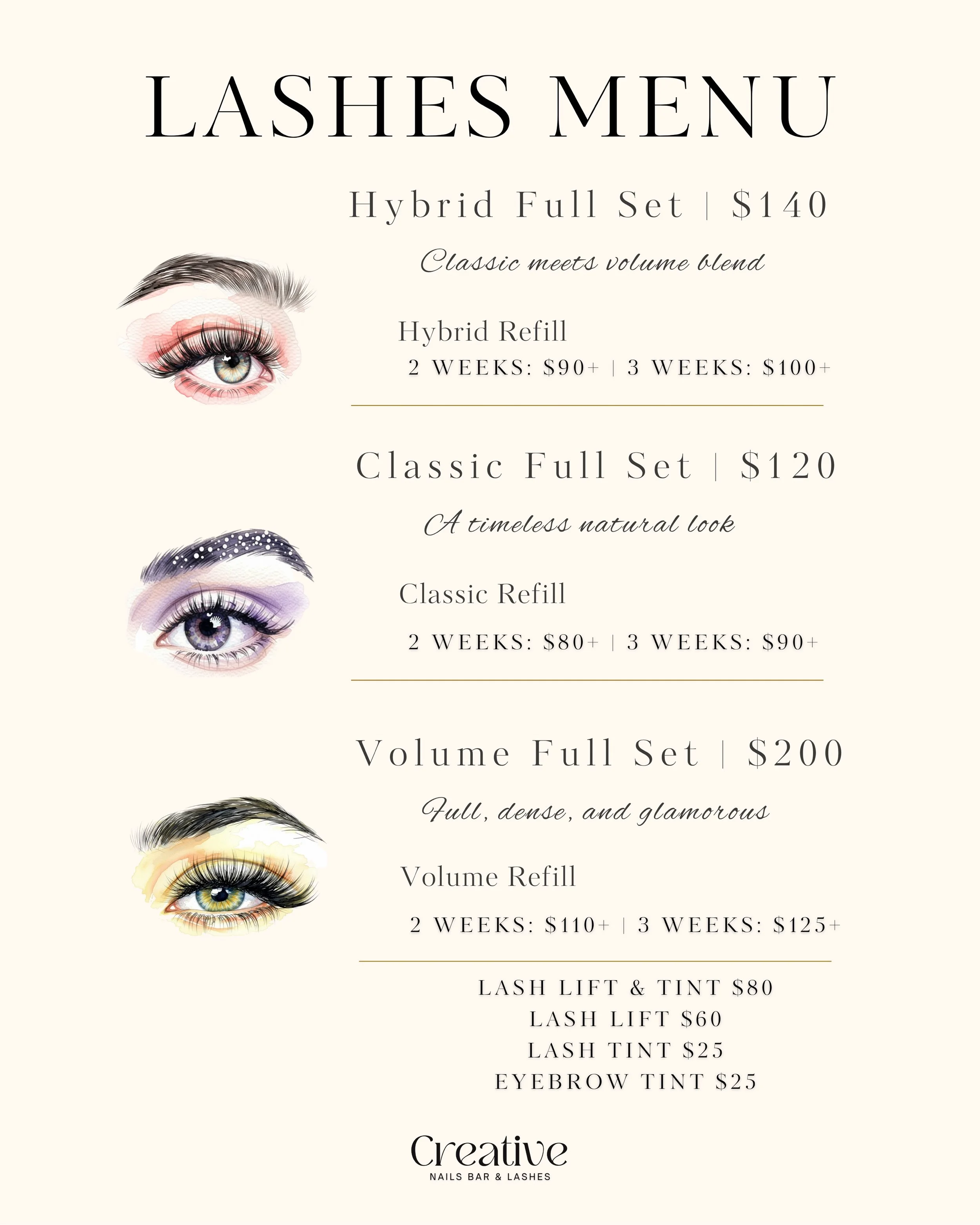 Eyes on the prize. 👀✨
Our lash menu just got a stunning refresh! Whether you&rsquo;re a Classic natural beauty, a Hybrid lover, or a full-on Volume queen, your lash nap is waiting.
Don&rsquo;t forget to add a lash lift or brow tint to complete the u