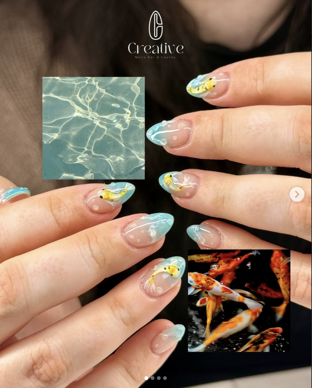Close-up of hands with decorated manicured nails featuring water-inspired and koi fish designs, with small inset images of water reflections and koi fish swimming.