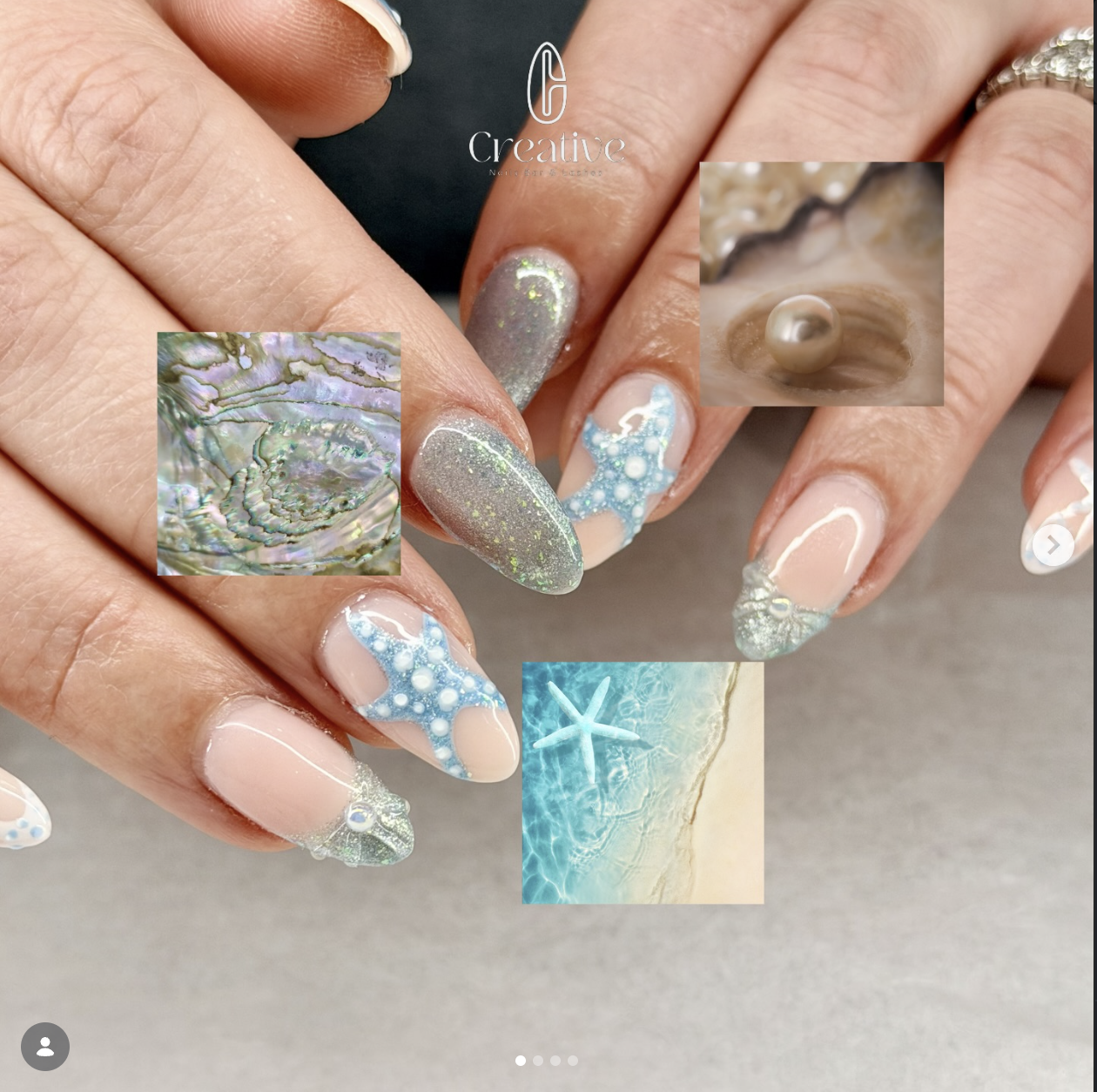 Close-up of a hand with an ocean-themed nail art design, including shells, starfish, and iridescent elements, with overlay images of pearl, abalone shell, water, and sea creatures.