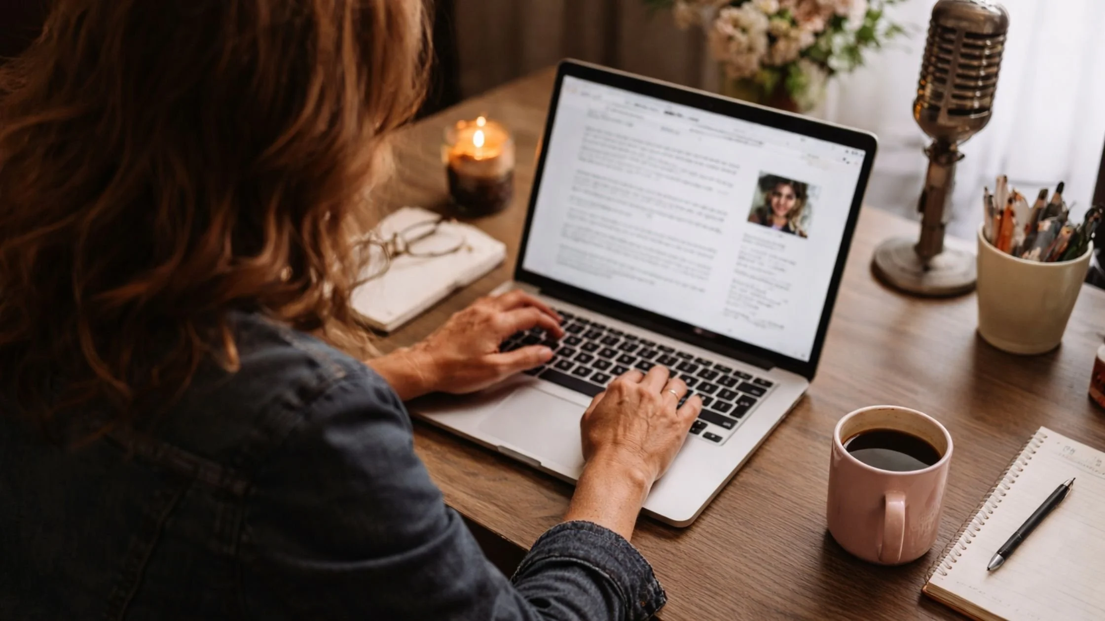 woman working on blog and podcast