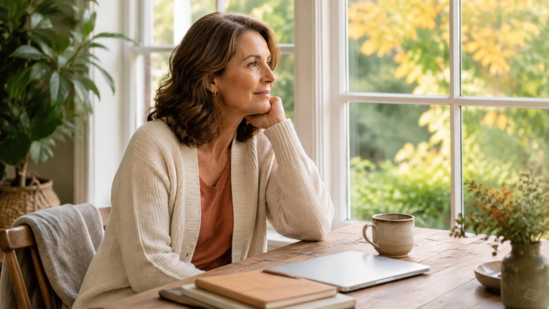 woman looking out window in August
