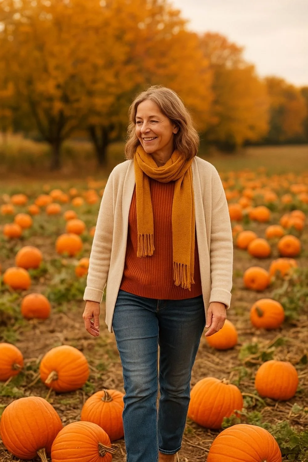 Middle Aged Woman Walking Through Pumpkin Patch
