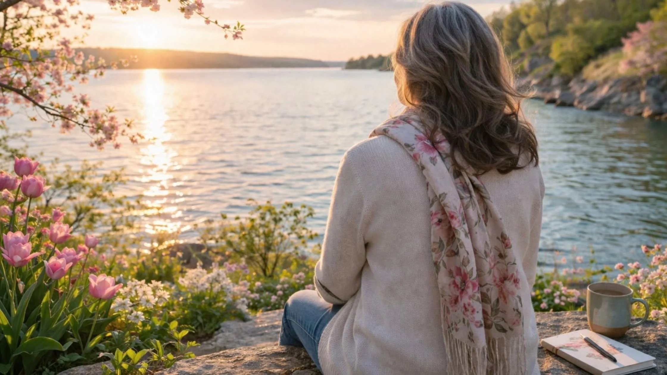 woman sitting by the lake in springtime