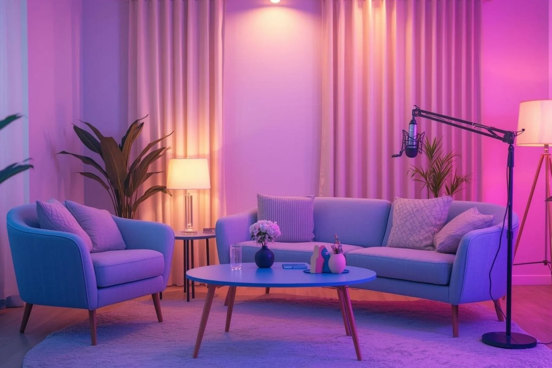 Podcast studio in pink hues