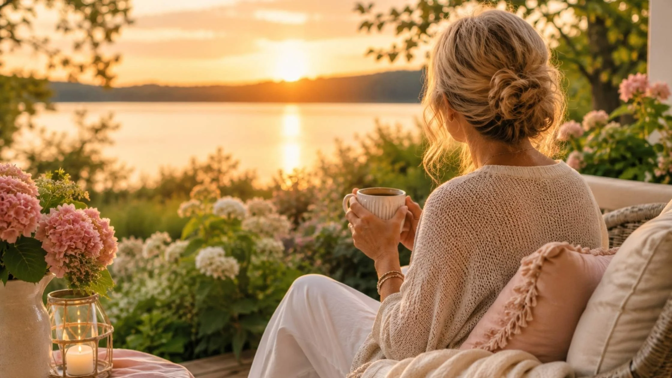 woman looking at the lake in summer