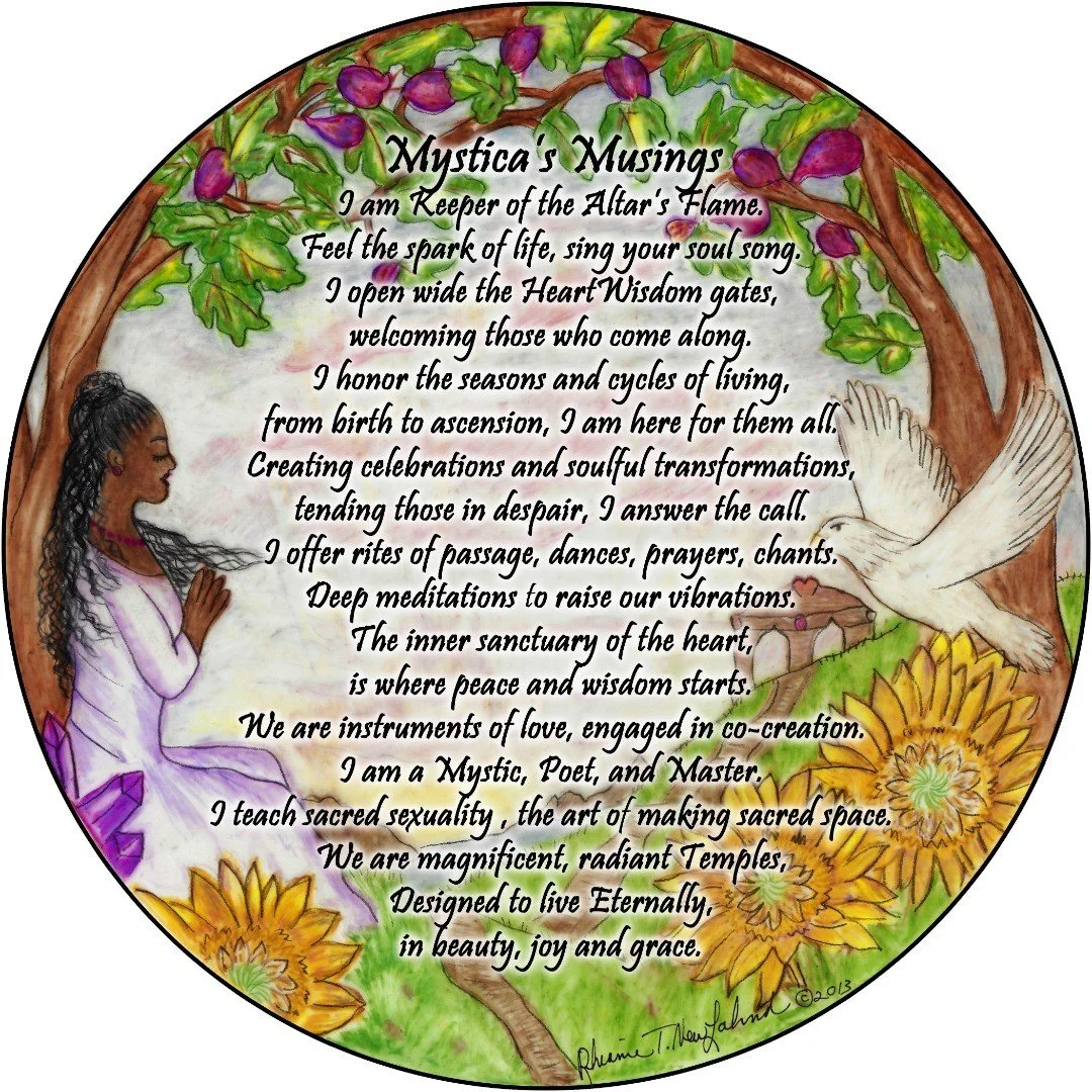 Oracle card from the Enchanted Heart Wisdom Oracle system, Mystica, wise woman of spirituality, the Priestess, the ceremonialist, the gatekeeper of the temple, the tender to the Altar flame. The guide to the deep soulful places of birth and death, lo