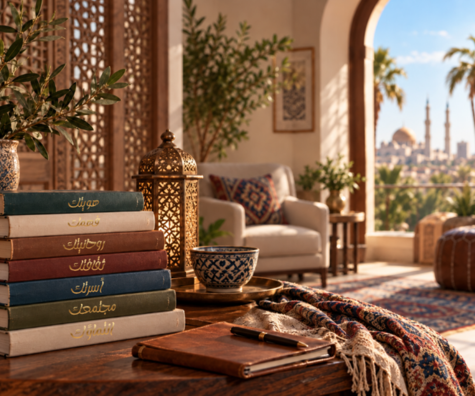 Indoor living space with a stack of books with a view of an outdoor balcony with palm trees and a mosque in the distance. A systemic, culturally responsive approach to therapy that considers how relationships, culture, identity, and faith shape us.