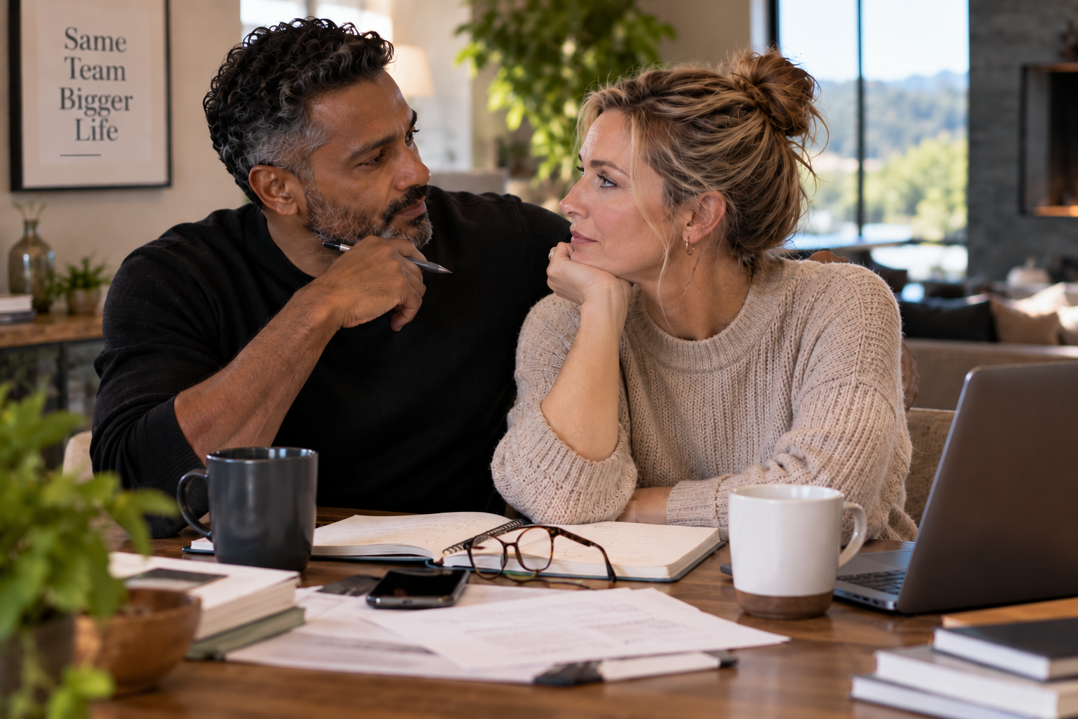 A man and woman sitting at a wooden table, engaged in a serious conversation. The man, with curly dark hair and a beard, is holding a pen, and the woman, with blonde hair tied up, is resting her chin on her hand. There are notebooks, glasses, a smartphone, and coffee mugs on the table, with a laptop open in front of the woman in a cozy, well-lit room with large windows and indoor plants.