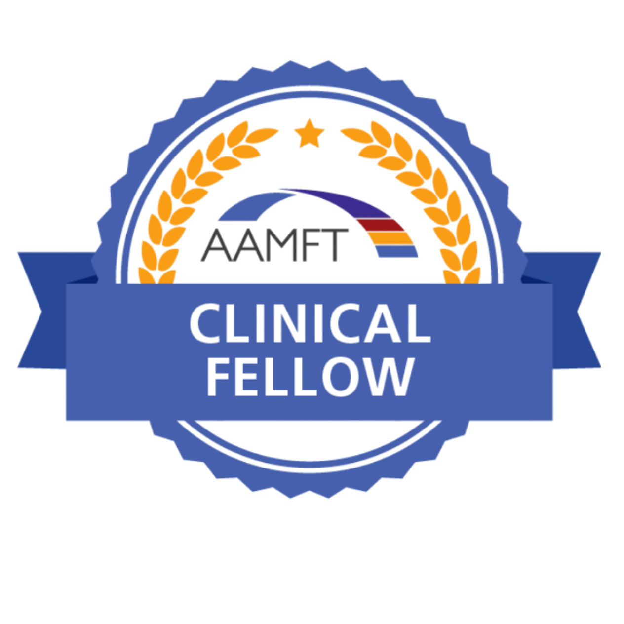 A badge with a gold laurel wreath, a star at the top, and a rainbow arch in the center. Below, the text reads 'AMF' and 'CLINICAL FOLLOW' on a blue ribbon.
