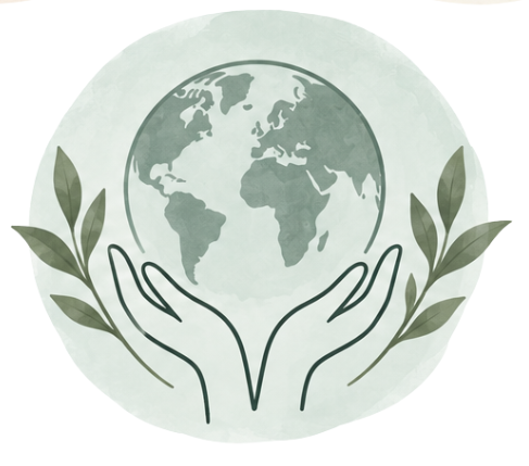 Illustration of two hands holding the Earth with green leaves on either side, symbolizing environmental care and sustainability.