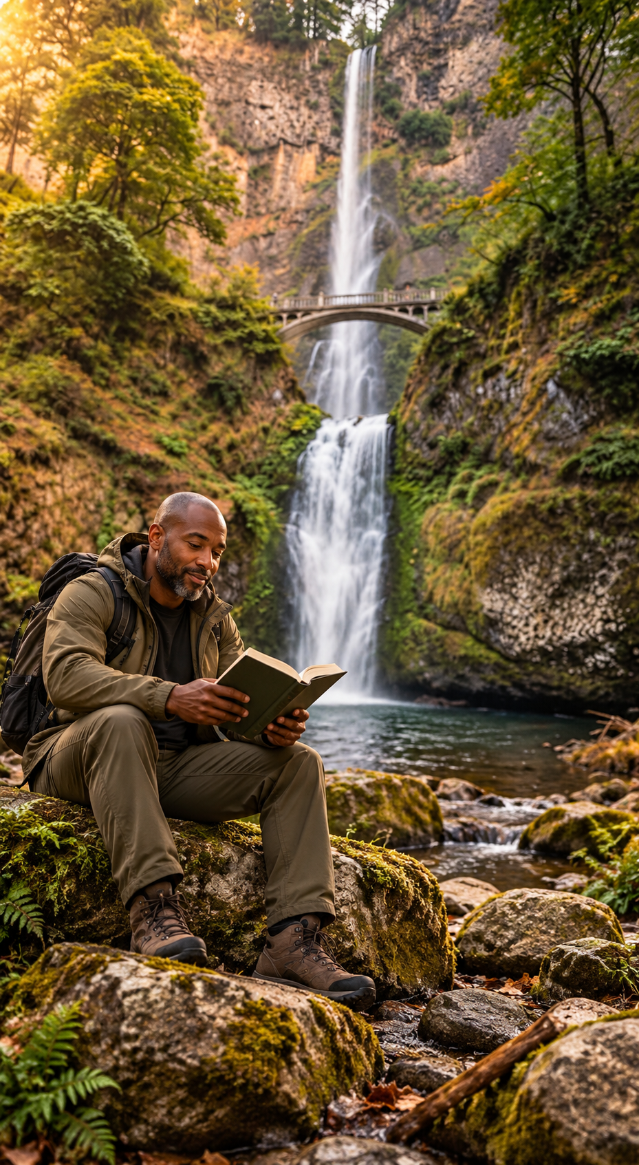 A man with a backpack sitting on moss-covered rocks and reading a book near a waterfall in a forest. Peaceful Paths Couple and Family Therapy - Relational Therapy Where Culture, Identity Faith, Health, Gender, and Power Matter.