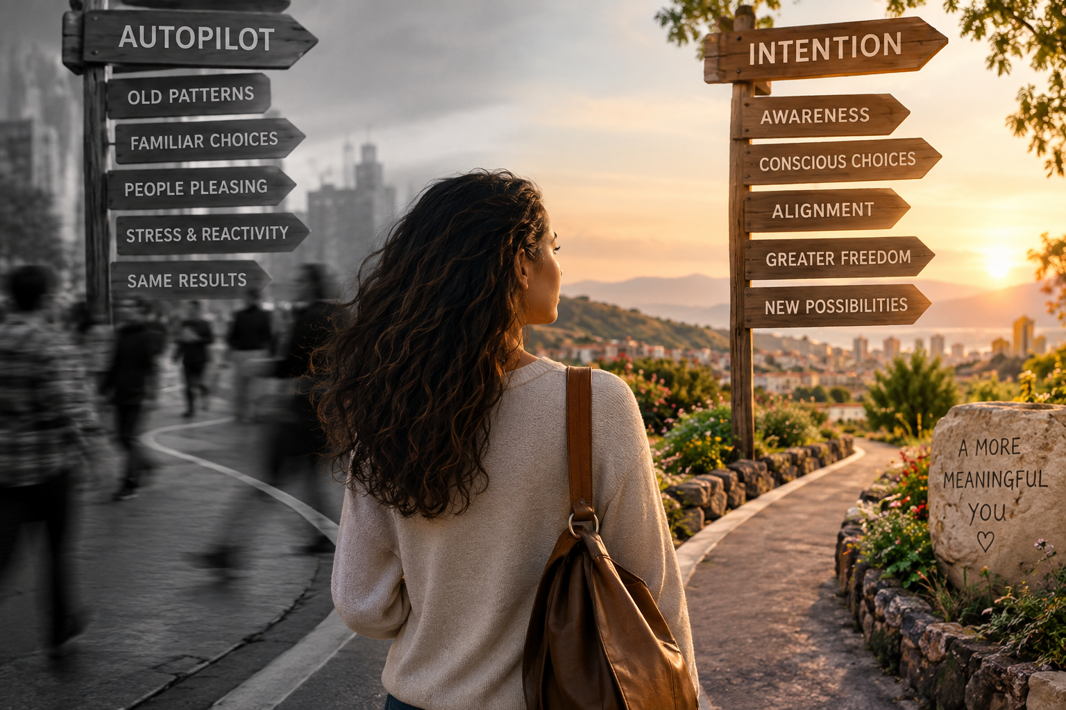 A woman standing on a path near flowers, looking at a signpost with words like 'Intention' and 'Awareness' during sunset, with a cityscape in the distance. The image is divided into a color side and black-and-white side, contrasting the present moment with the past.