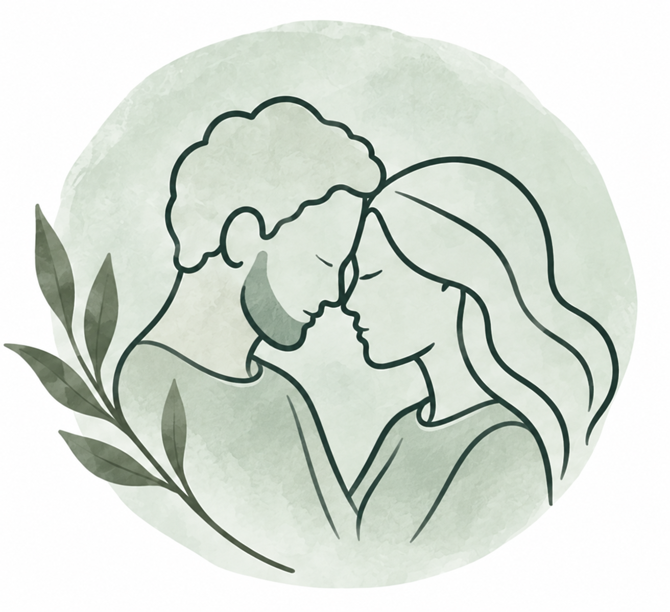 Line drawing of a couple with foreheads touching, eyes closed, surrounded by a soft green background and a leafy branch.