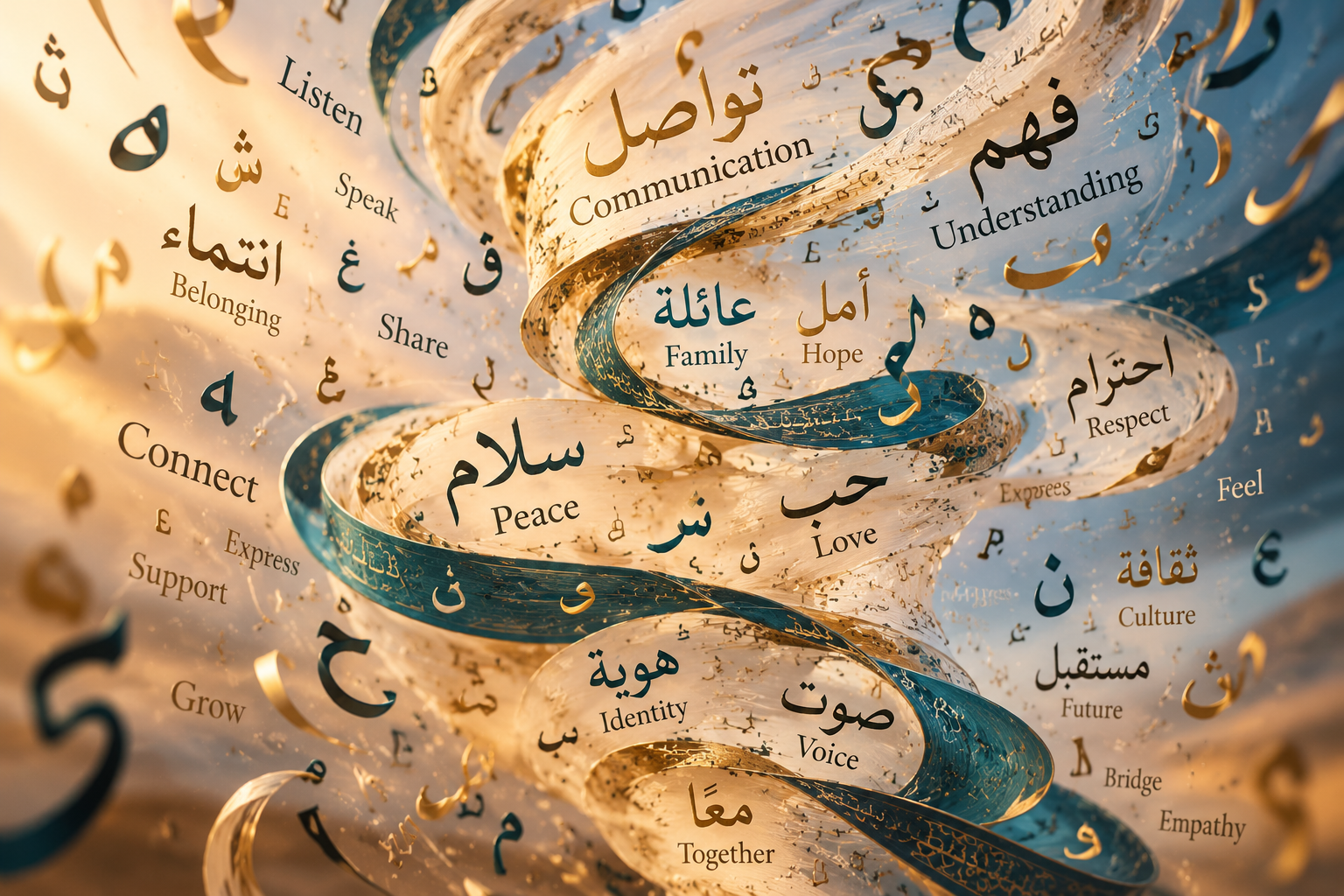 Colorful swirling ribbons with words like 'Peace', 'Love', 'Family', 'Hope', 'Respect', and 'Communication' written in English and Arabic, surrounded by floating alphabet characters.