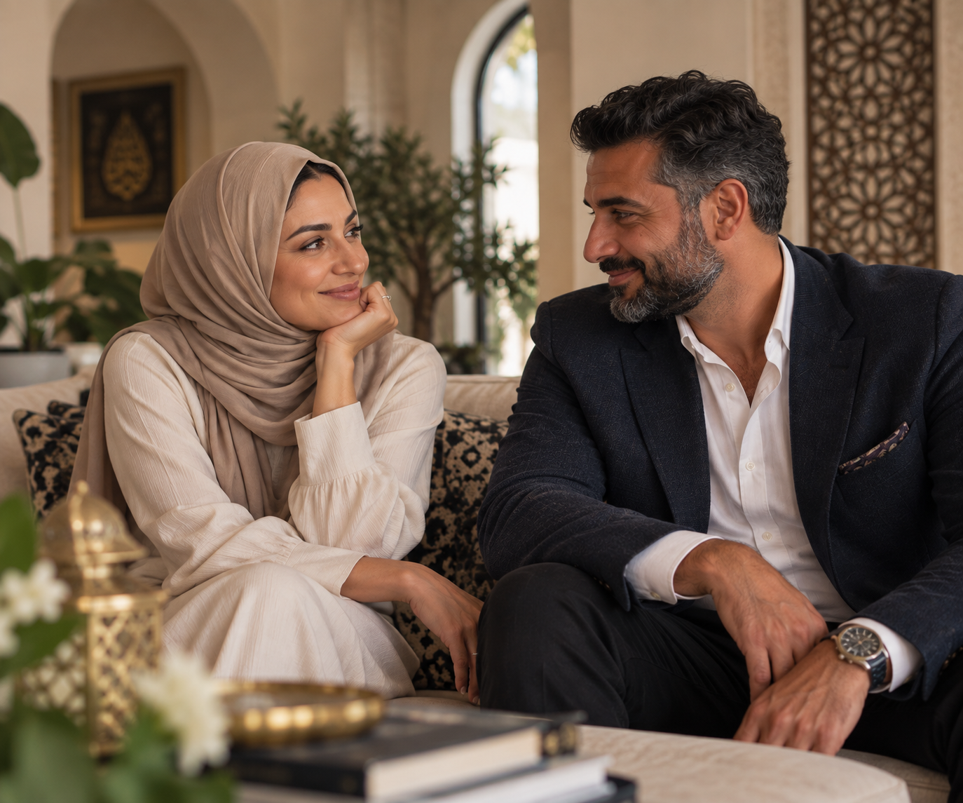 MENA couple looking lovingly at each other.