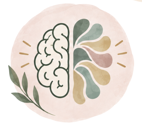 Illustration of a brain with colorful spreading shapes and a leaf on a pink background.