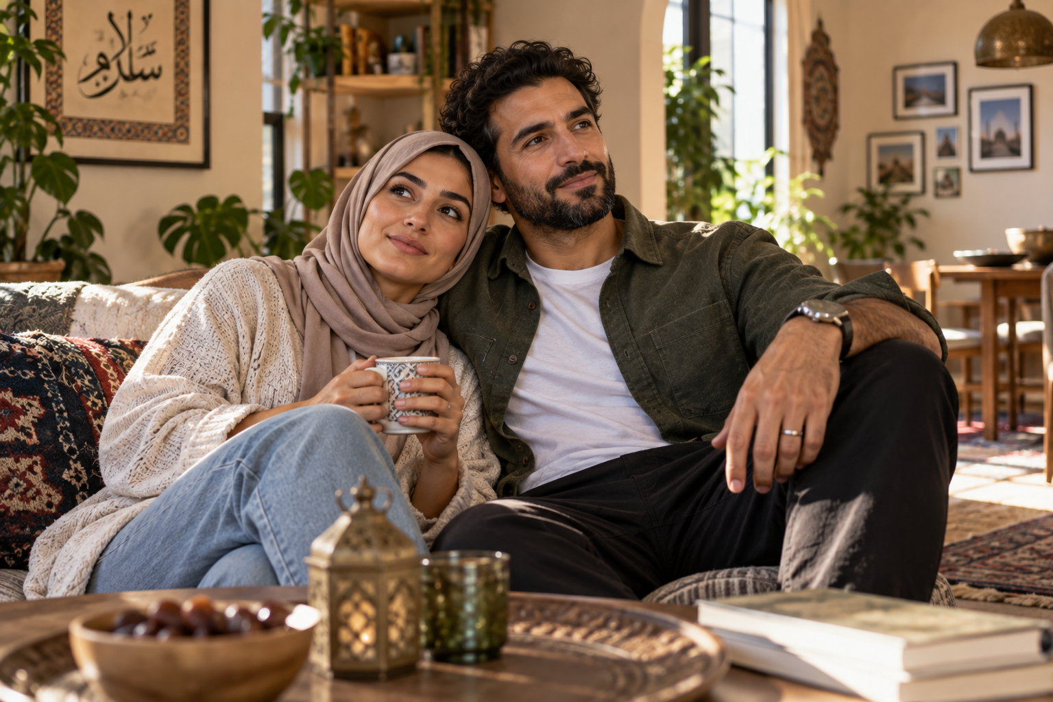 Warm , MENA couple sitting in their home. Dr. Sarah K. Samman serves zip codes 91344, 92131, and 92620.