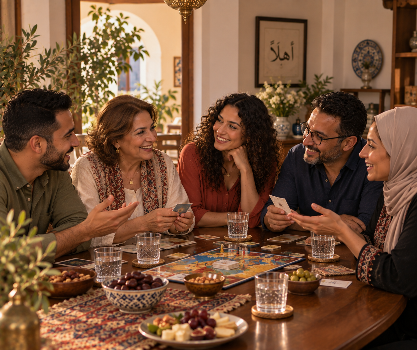A diverse group of six adults, four women and two men, sitting around a wooden dining table playing a board game and sharing snacks in a cozy, well-lit room with plants and decorative items.