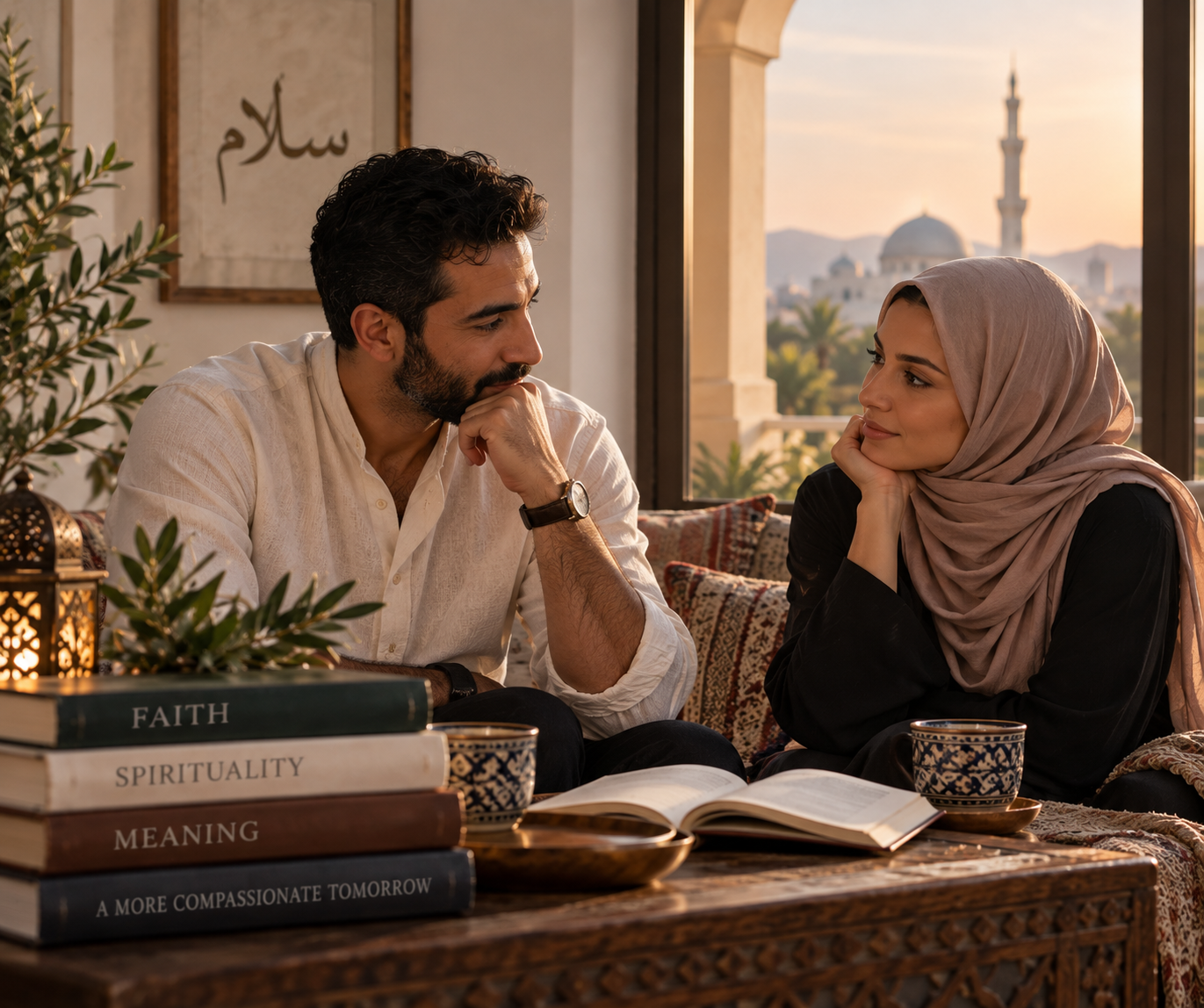 A man and woman sitting at a table in a cozy room, engaging in a conversation. The man has dark hair and a beard, wearing a white shirt with the sleeves rolled up, and a watch. The woman is wearing a light beige hijab and a black top, resting her chin on her hand. The table has books labeled 'Faith,' 'Spirituality,' 'Meaning,' and 'A More Compassionate Tomorrow,' along with open books, decorative cups, and a lamp. A window in the background reveals a scenic view with mountains, trees, and a building with a dome and minaret, and a framed piece of calligraphy on the wall.
