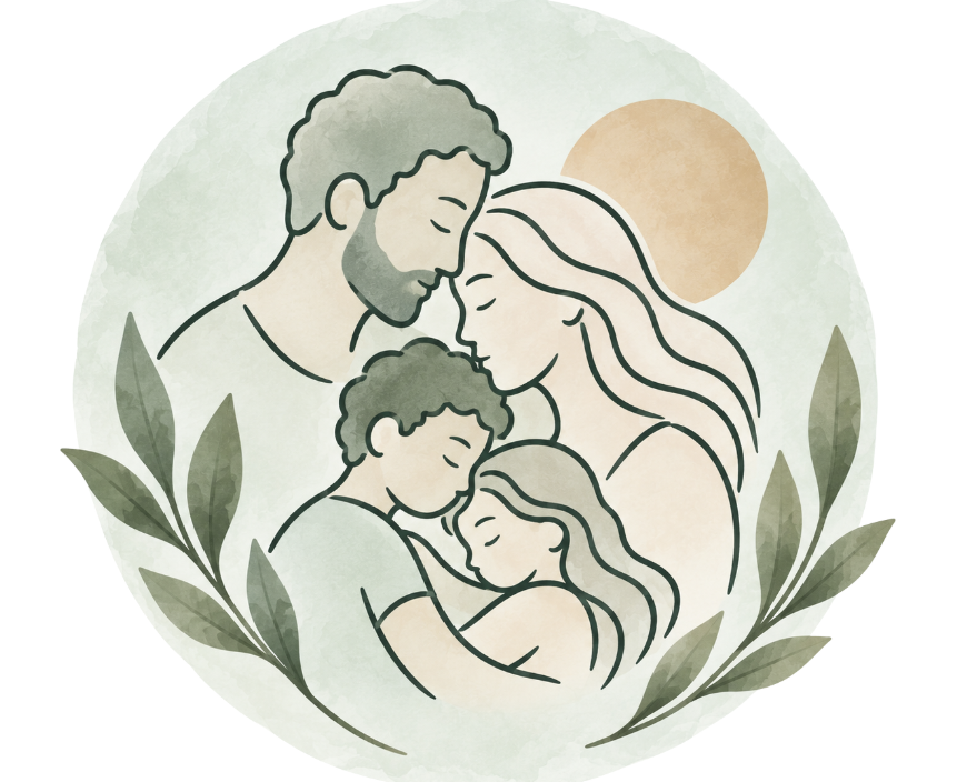 A watercolor-style illustration of a happy family consisting of a father, mother, and two children with their foreheads touching, surrounded by green leaves with a sun or moon in the background.