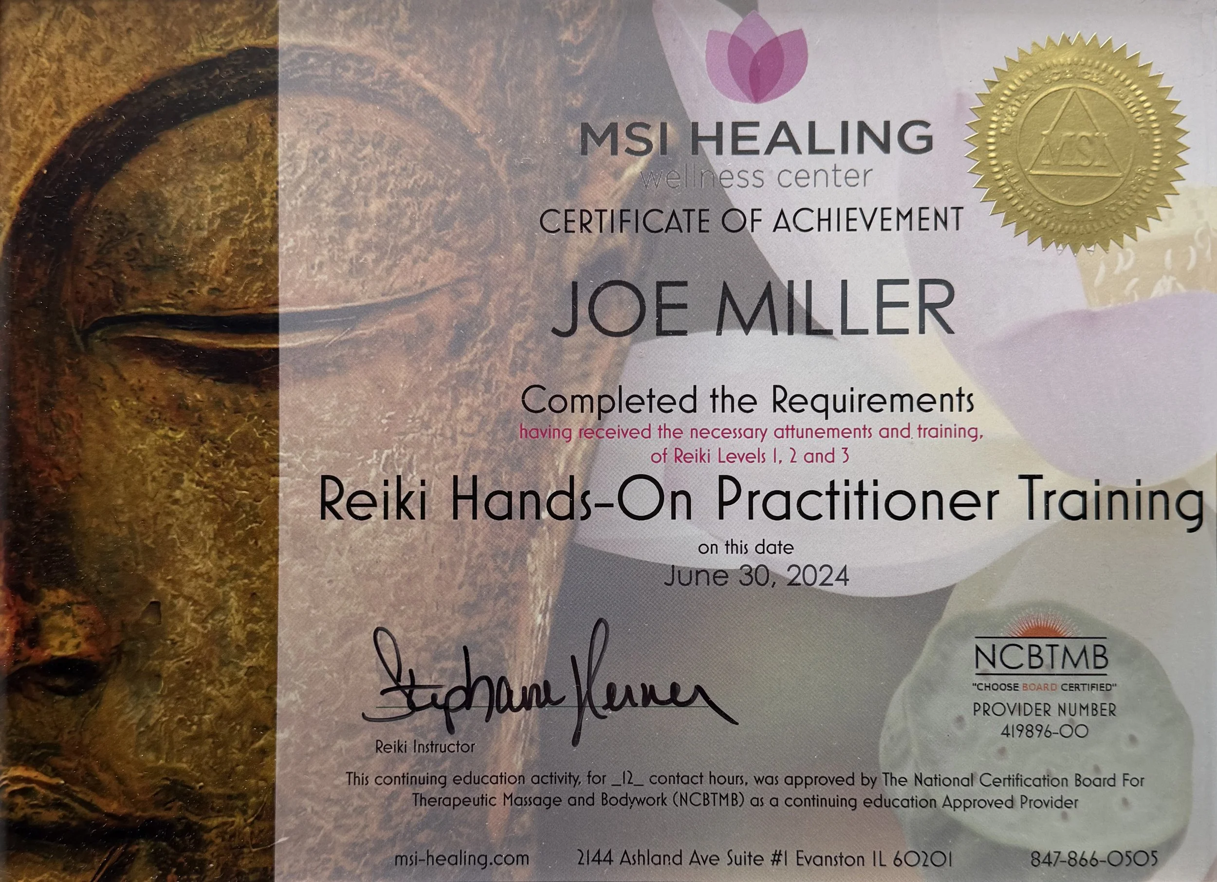 Joe's Reiki Practitioner certificate