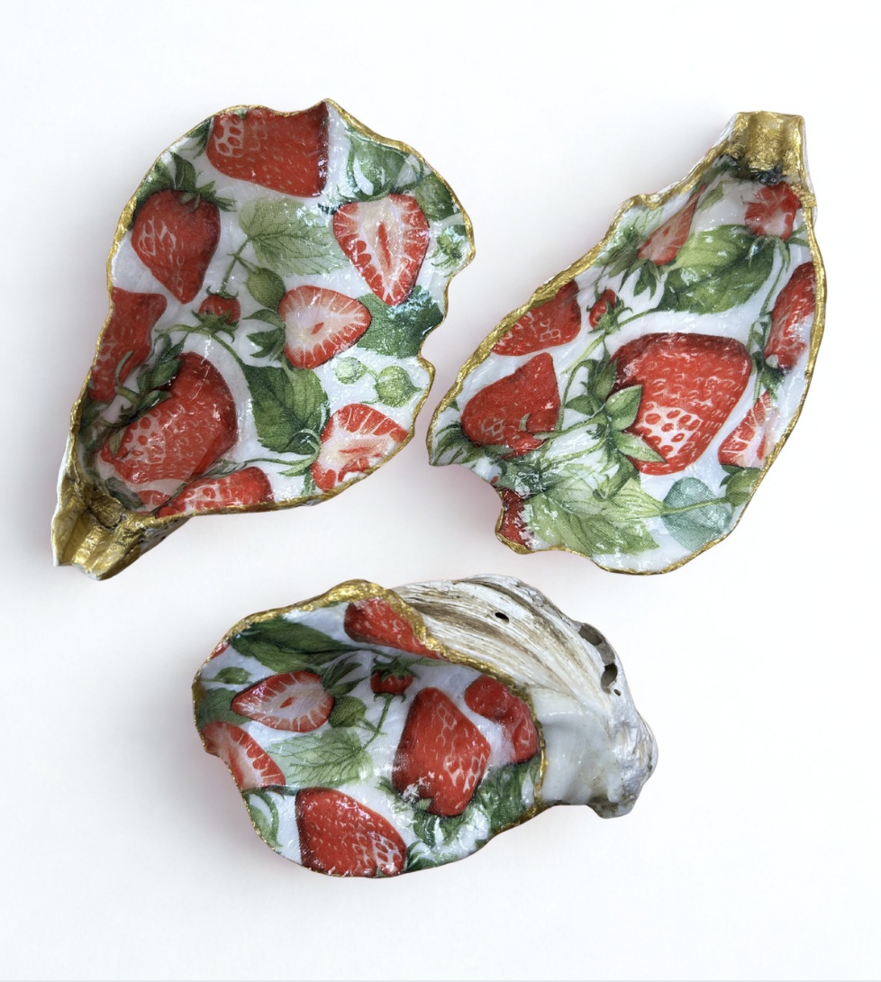 Hand Painted Strawberry Oyster Shell Trinket Dish