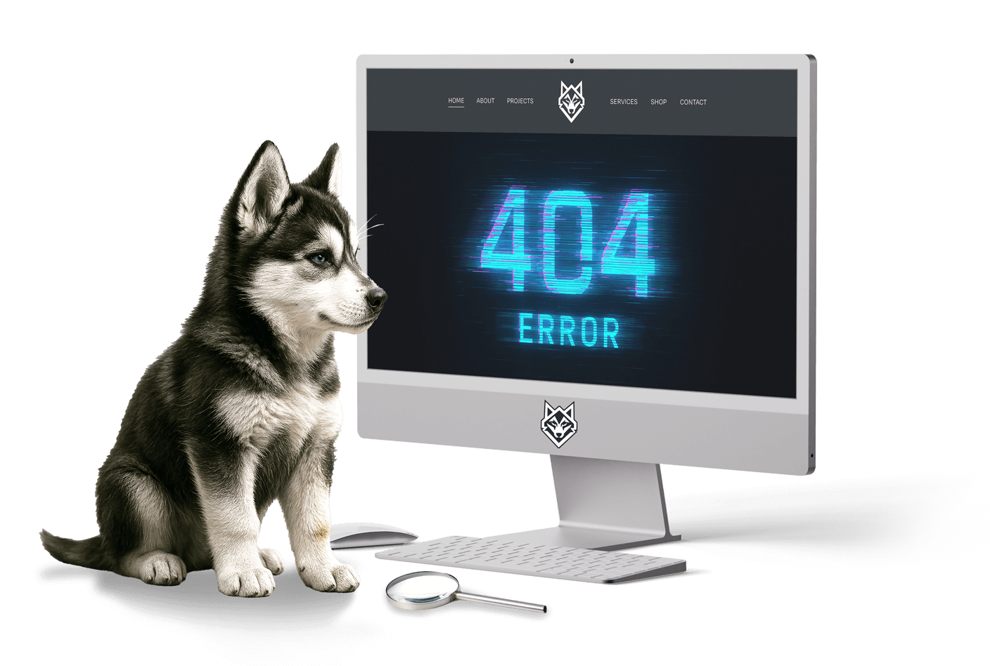 Wolf puppy sitting next to a computer displaying a 404 error message.