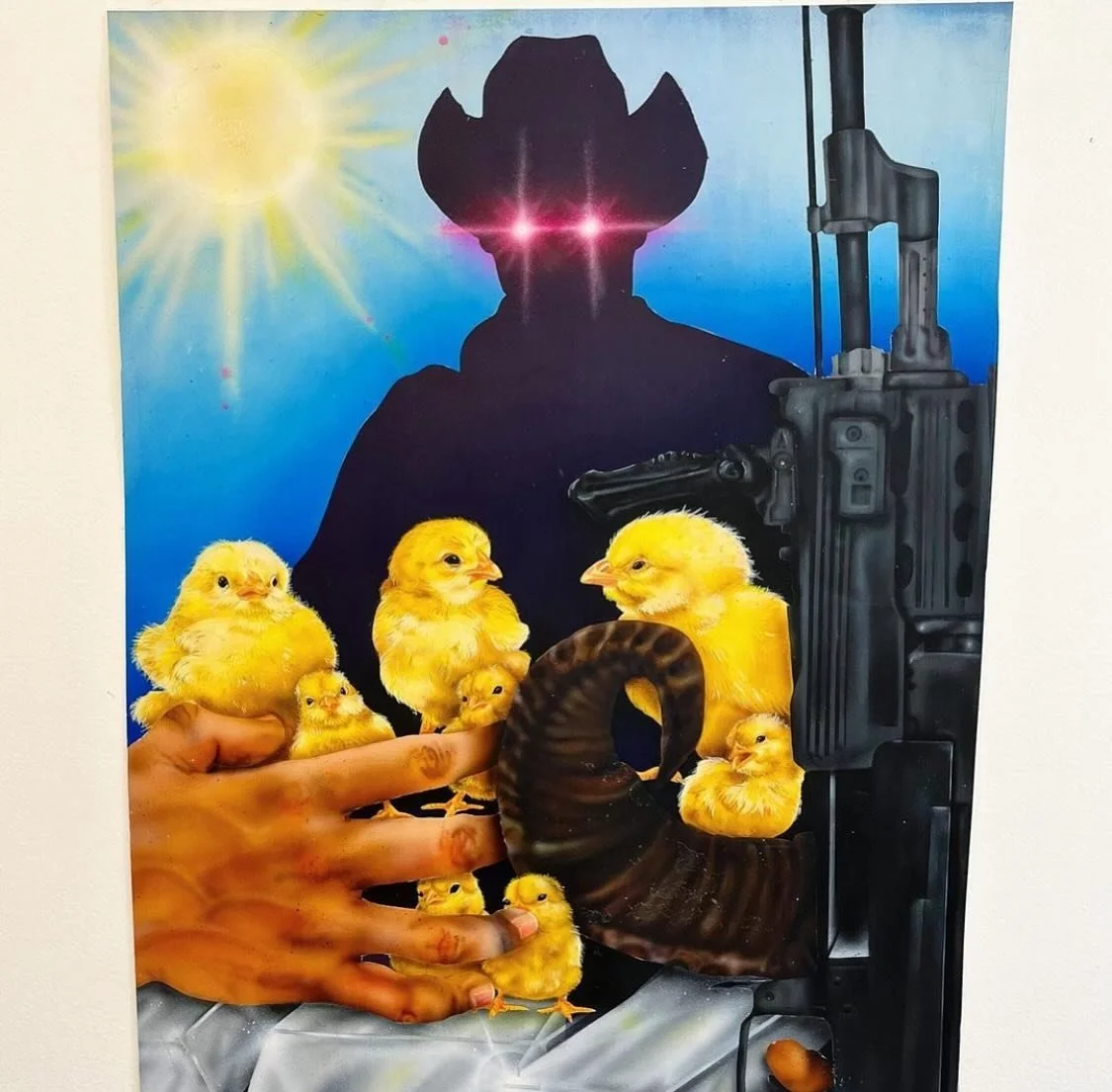 Angel Perdomo
El Papa De Los Pollitos
2022 
Mixed media on paper, framed
31x24 inches
@_ohwolfie_