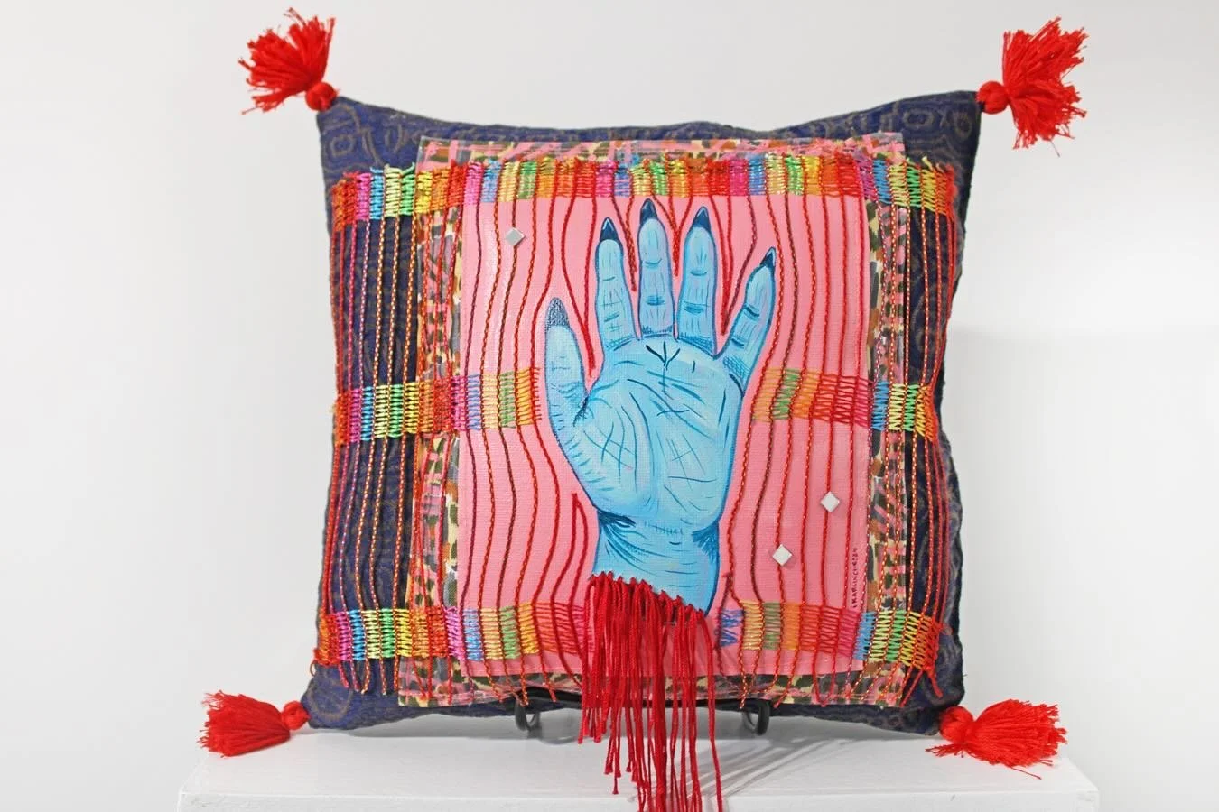 Karla Rosas
Como las m&iacute;as #2
(Like Mine #2) 
2024
Acrylic, canvas, mirrors, embroidery, beading, and fabric on handmade pillow
16x15 inches
@karlinche_