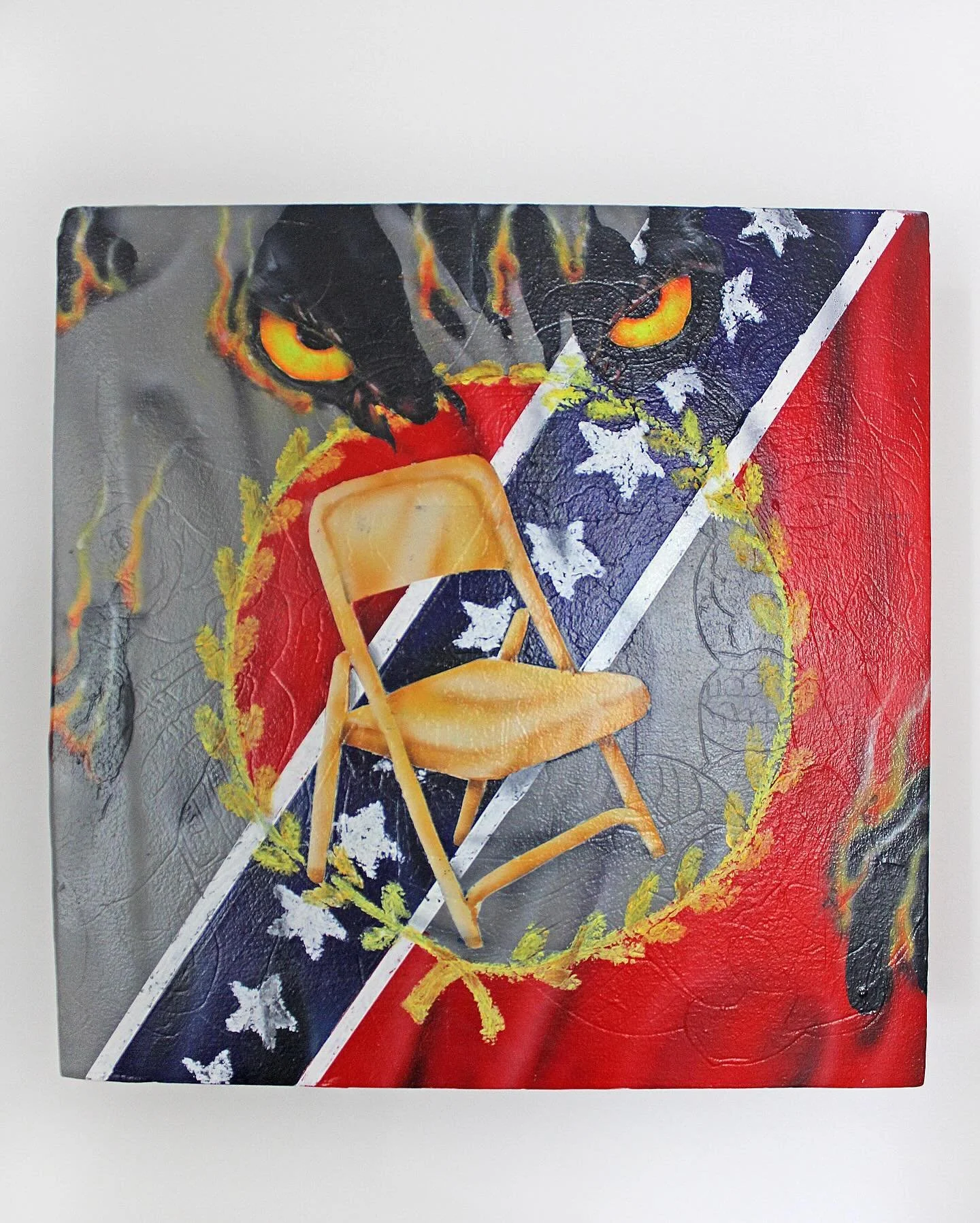Angel Perdomo
Capital Dreams 
2024
Mixed media on panel 
12ix12 inches
@_ohwolfie_ 

Photos @karlinche_