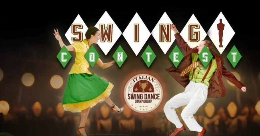 Danza swing con due persone vestite con abiti colorati, sfondo con luci sfocate, testo 'Swing Contest' e logo del campionato di swing dance italiano.
