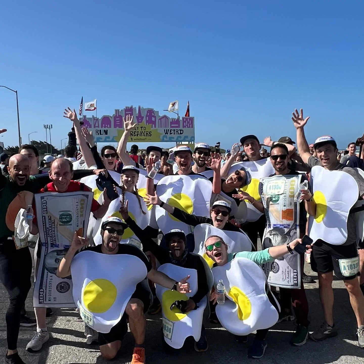 What an EGGcelent day for Bay to Breakers!!! 🥚🍳💸 Expensive, runny eggs took on the 12k course this morning as a centipede team. We successfully made it to the finish without getting too scrambled!