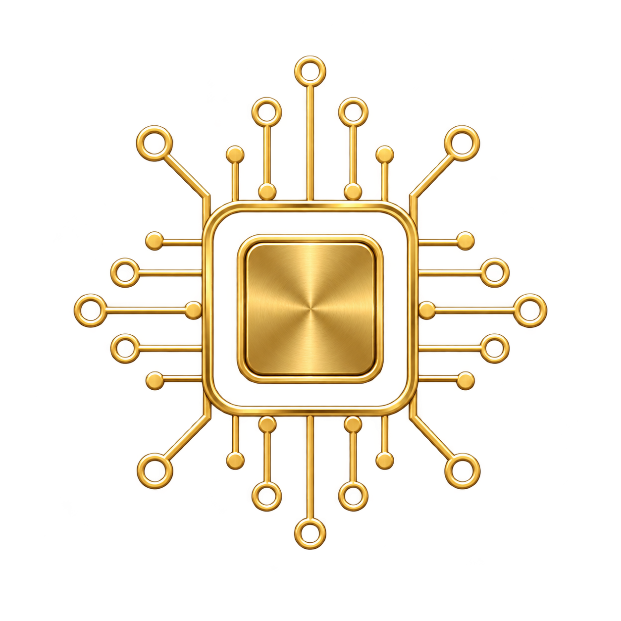 A gold microchip with a square central processing unit connected to multiple gold circuit lines extending outward in various directions.
