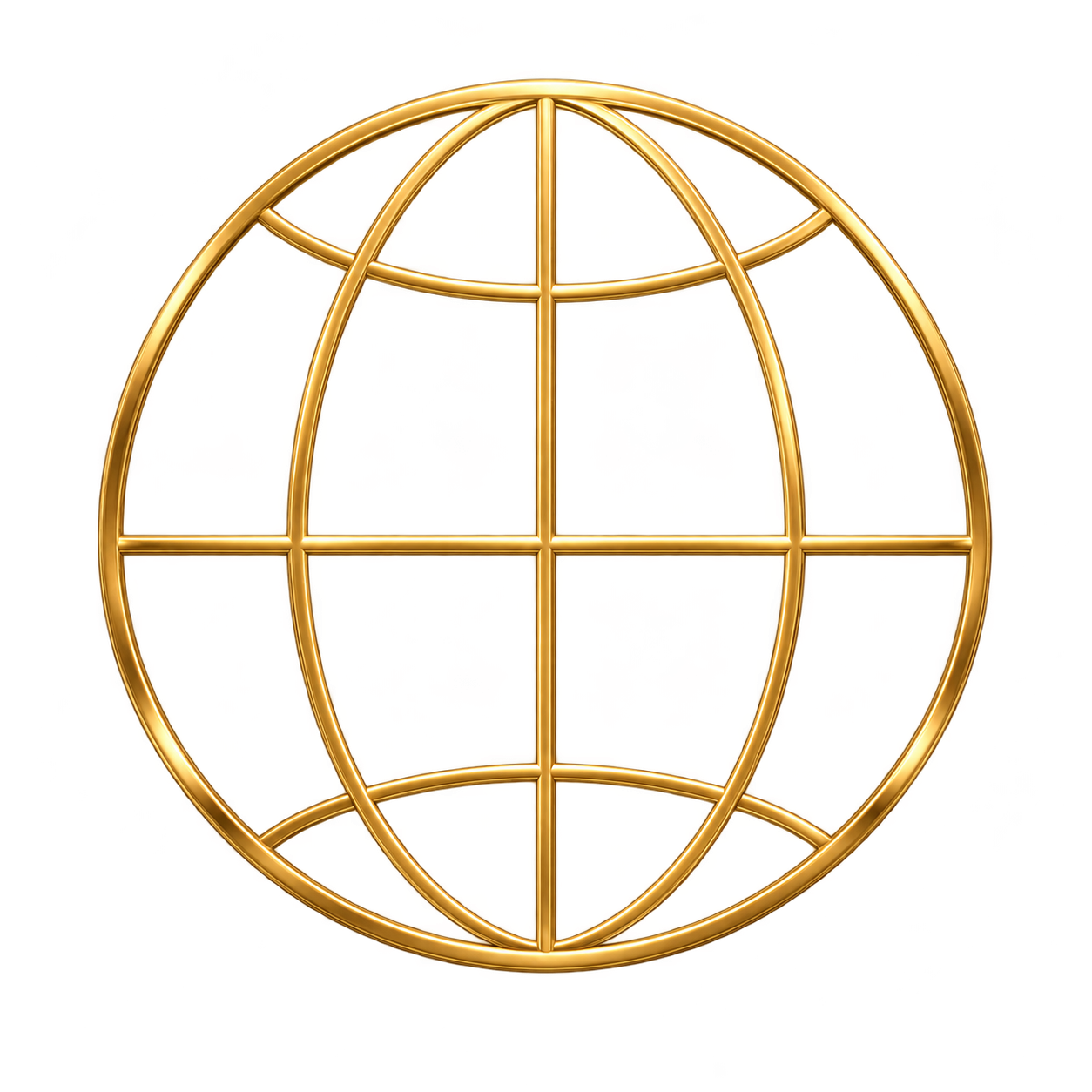 A golden globe with latitude and longitude lines in front of a red and yellow abstract background.