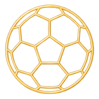 A gold-colored soccer ball with a pentagon and hexagon pattern set against a yellow background.