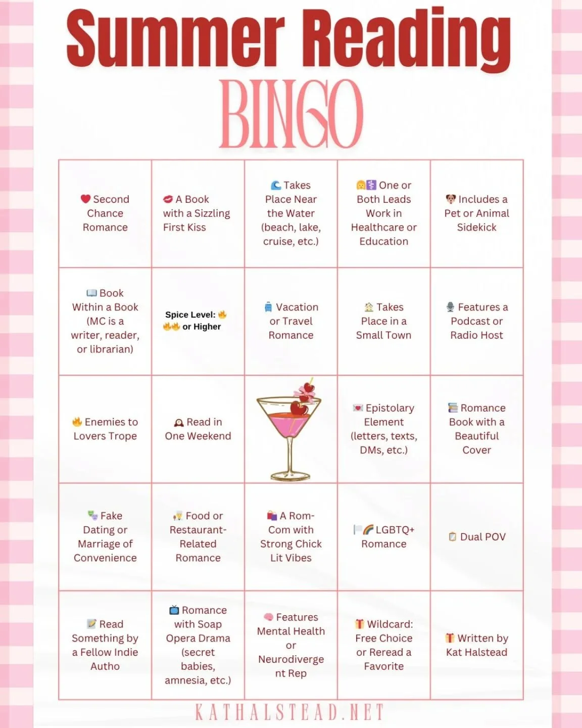 I just posted this bingo board on my website, kathalstead.net and figured I would share it here with all of you as well!  #SummerReadingChallenge #bookbingo  #romancenovels