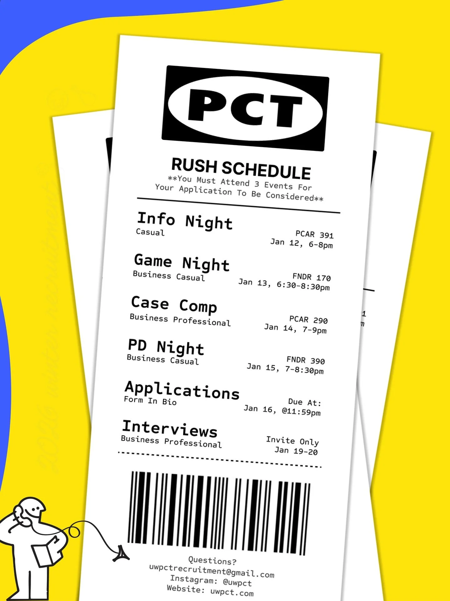 ‼️PD NIGHT location changed to PCAR 390‼️

2026 WINTER RECRUITMENT!! 🇸🇪🛋️

NOTE: You must attend at least 3 out of 4 events for your applications to be considered. Please email uwpctrecruitment@gmail.com for any absences.

1️⃣ Info Night: Come out
