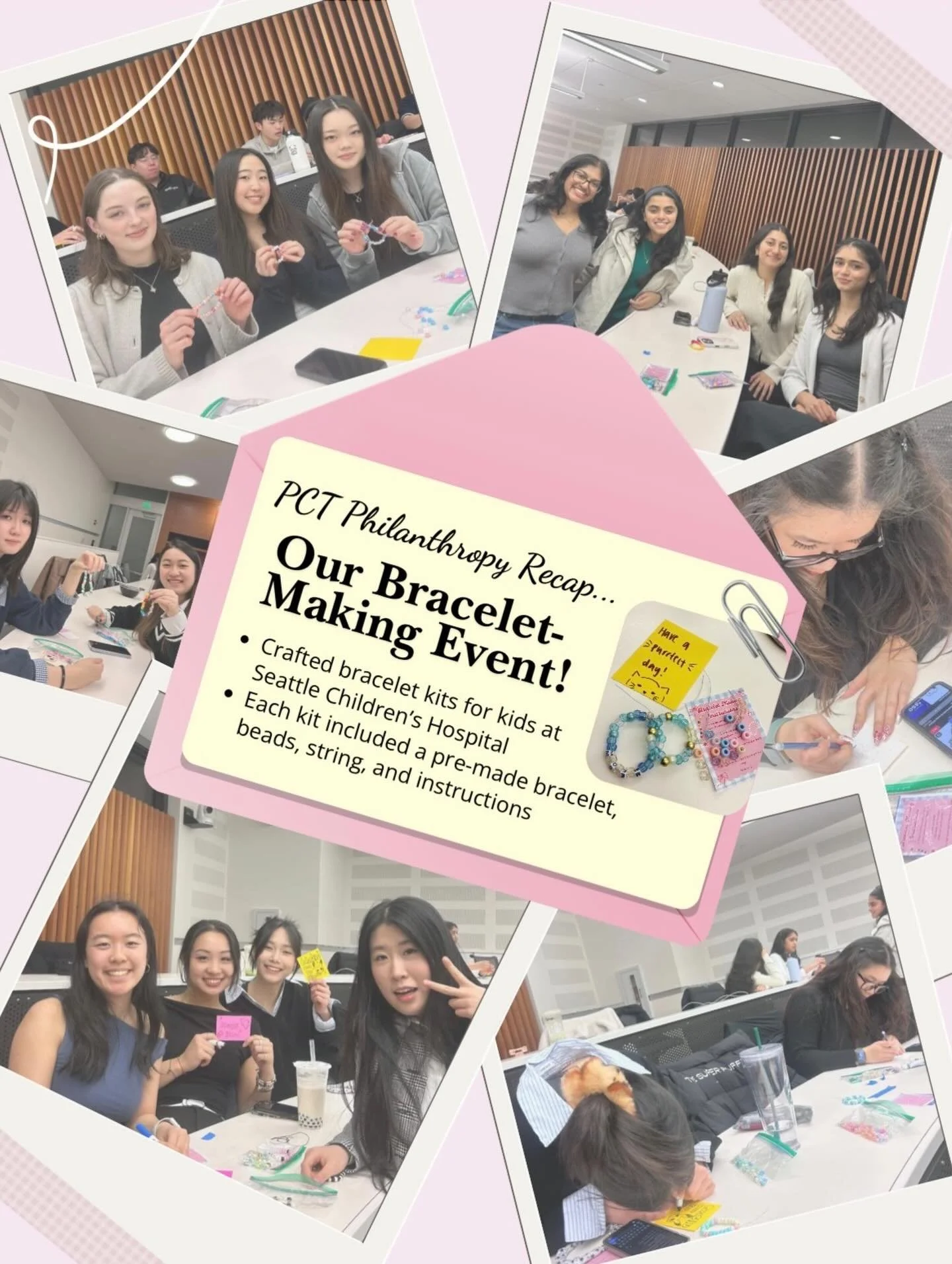 Two weeks ago, our philanthropy committee organized a bracelet-making event at our weekly chapter meeting 😇🤍

Our actives put together 30 bracelet kits to donate to kids at Seattle Children&rsquo;s Hospital. Each kit included a bracelet handmade by