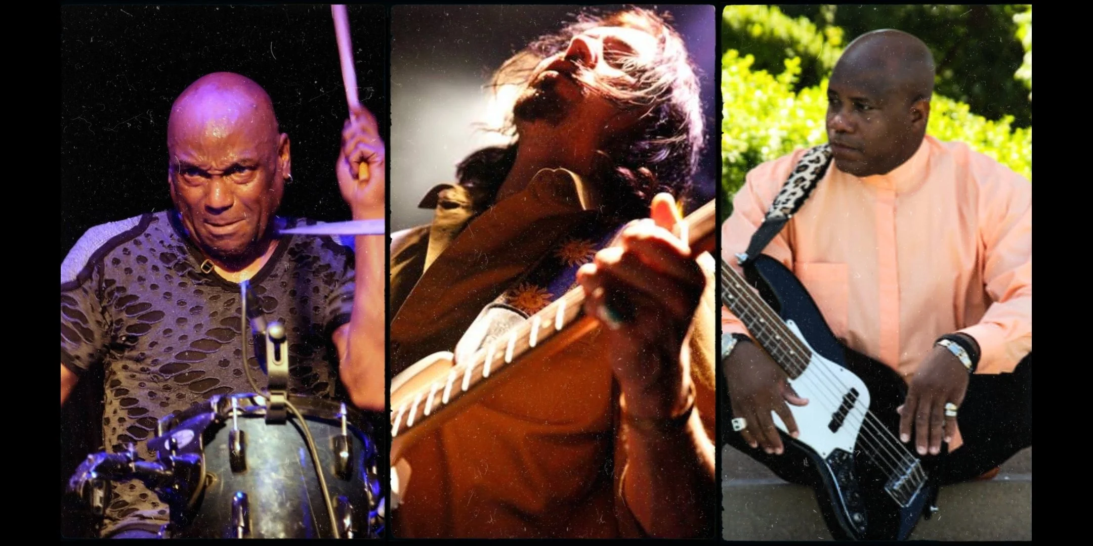 Three musicians performing: a drummer on the left, a guitarist in the center, and a bass player on the right. Jeffrey James Trio.