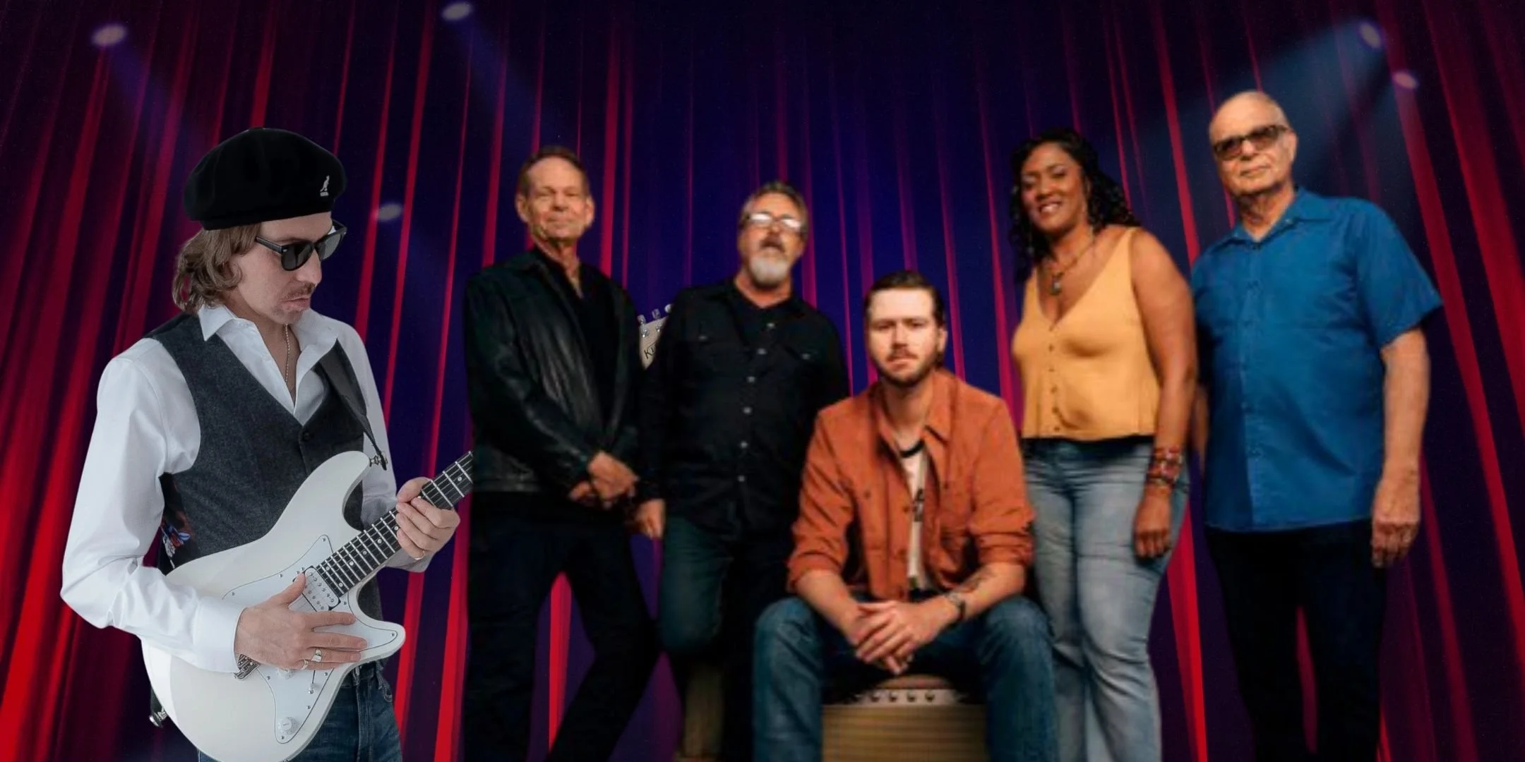 A group of six musicians on stage with red curtains in the background. One person on the left is playing an electric guitar, wearing sunglasses, a black hat, white shirt, and vest. The other five are standing or sitting, dressed casually, with some smiling or having neutral expressions.
