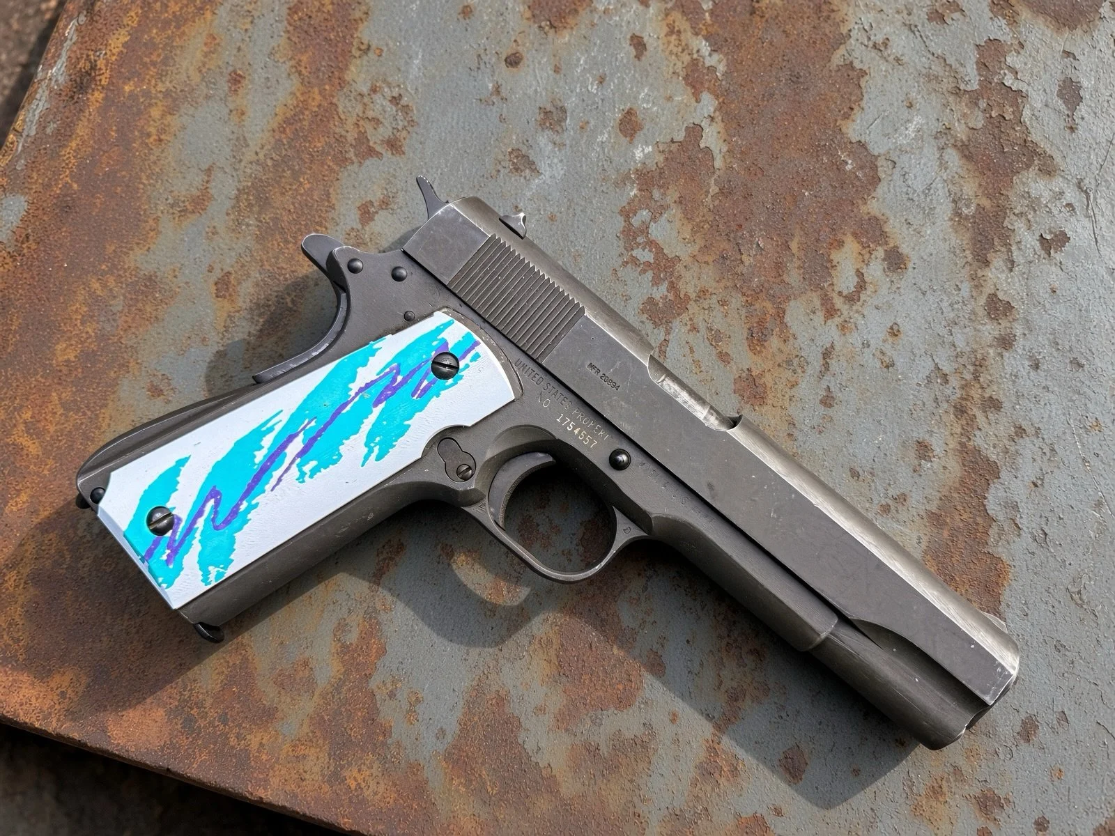 Just gave Grandpa&rsquo;s old pistol a serious glow-up 🔥 Marked &ldquo;United States Property&rdquo; and (supposedly) saw some action back in the day&hellip;Now it looks way cooler.  Legacy upgraded thanks to Spaceballs the X Account @Grunt2A new gr