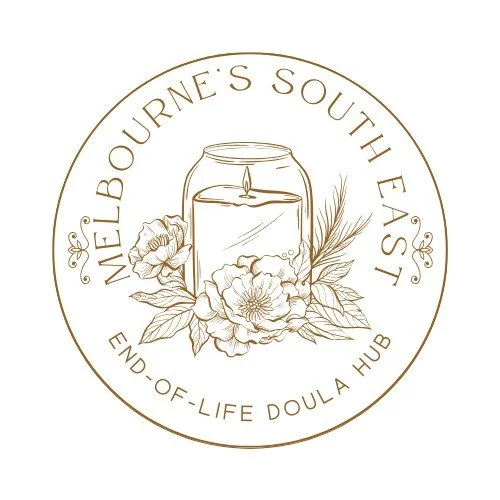 Logo for Melbourne's Southeast End-of-Life Doula Hub featuring a candle, flowers, and leaves in a circular design.