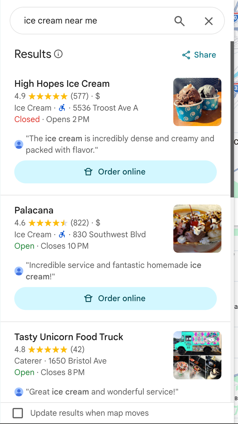 A screenshot from a Google Map showing results for a search, "ice cream near me"