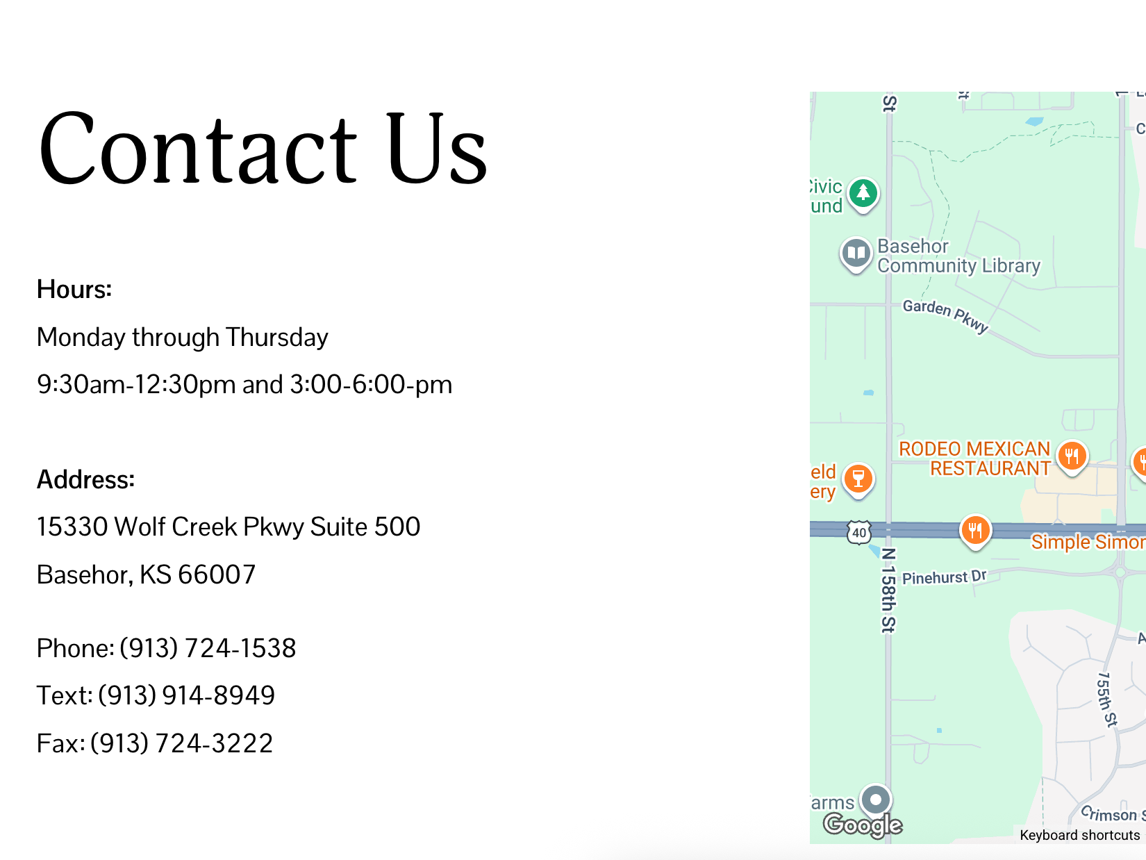 Screenshot from a website showing a clear depiction of hours, a street address, and phone, text, and fax numbers for a doctors office.
