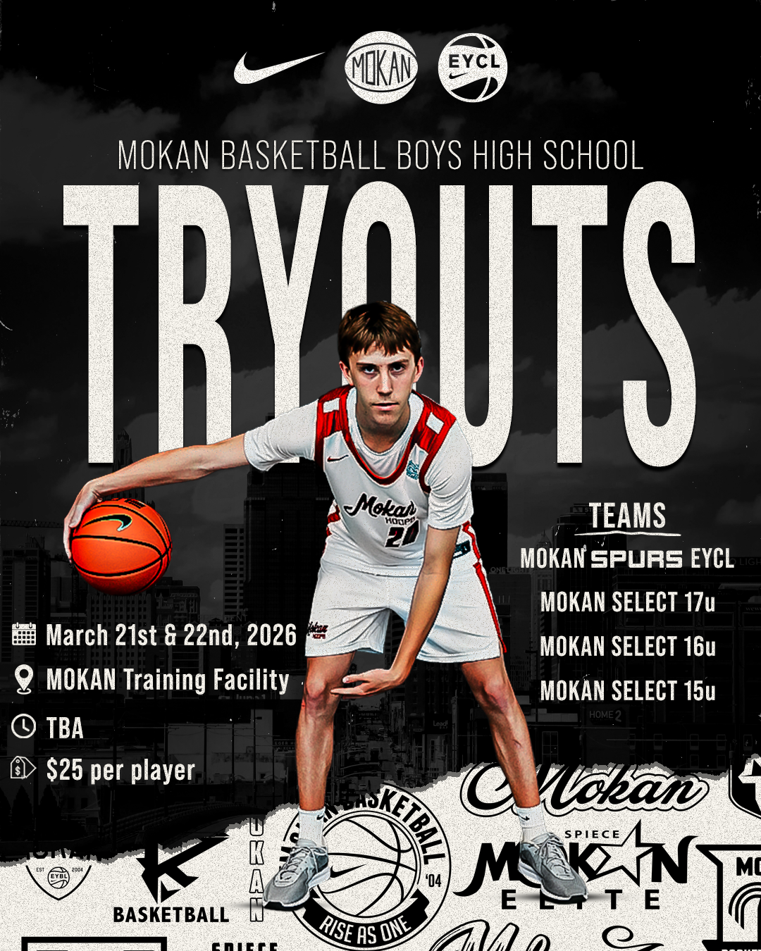 Poster for Mokan Basketball Boys High School Tryouts featuring a young male basketball player in a white uniform holding a basketball, with event details including dates, location, and team levels.