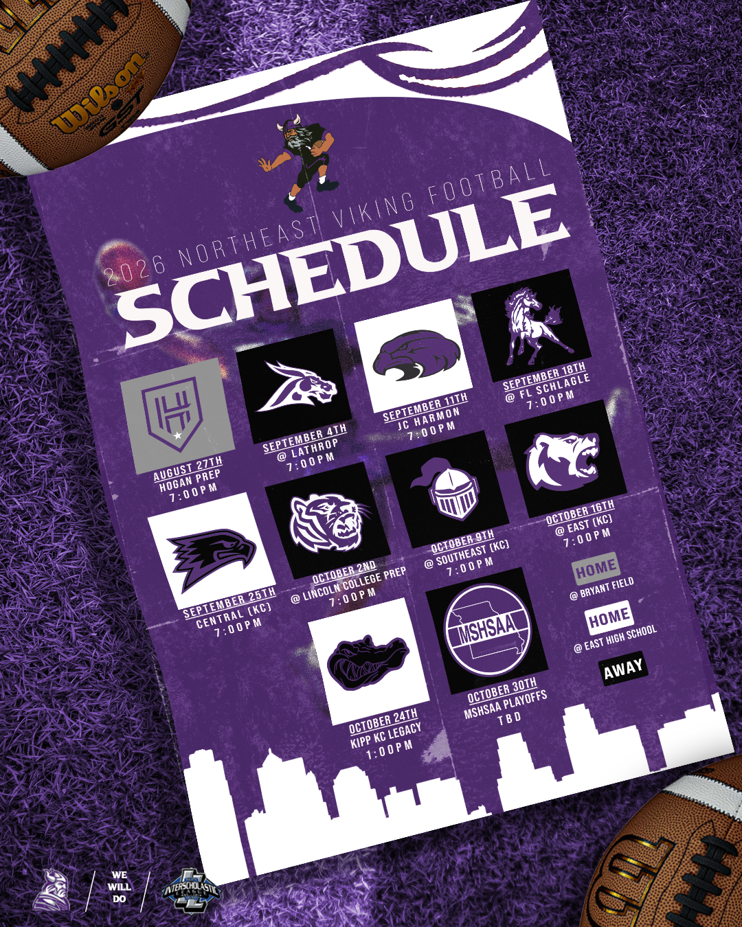 2026 Northeast Viking Football schedule poster with game dates, opponents, and times on a purple background, placed on a purple football field near a Wilson football and purple turf.