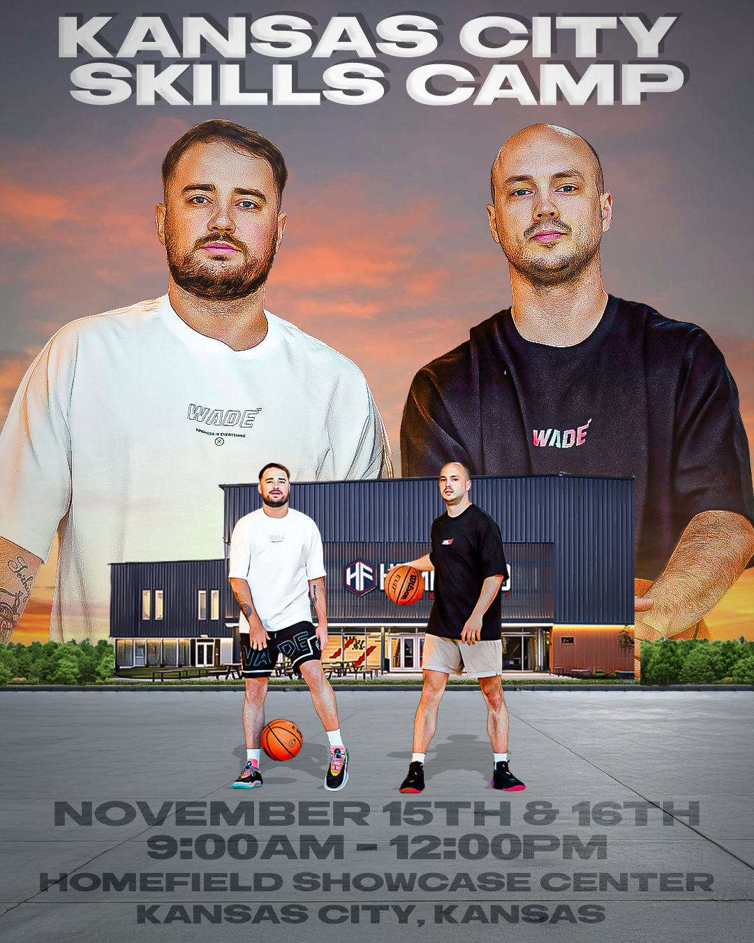 Promotional poster for Kansas City Skills Camp featuring two men standing with basketballs in front of a modern building, with two larger portraits of men in casual attire and a sunset sky in the background. Event details include dates November 15th and 16th, from 9:00 AM to 12:00 PM at Homefield Showcase Center in Kansas City, Kansas.
